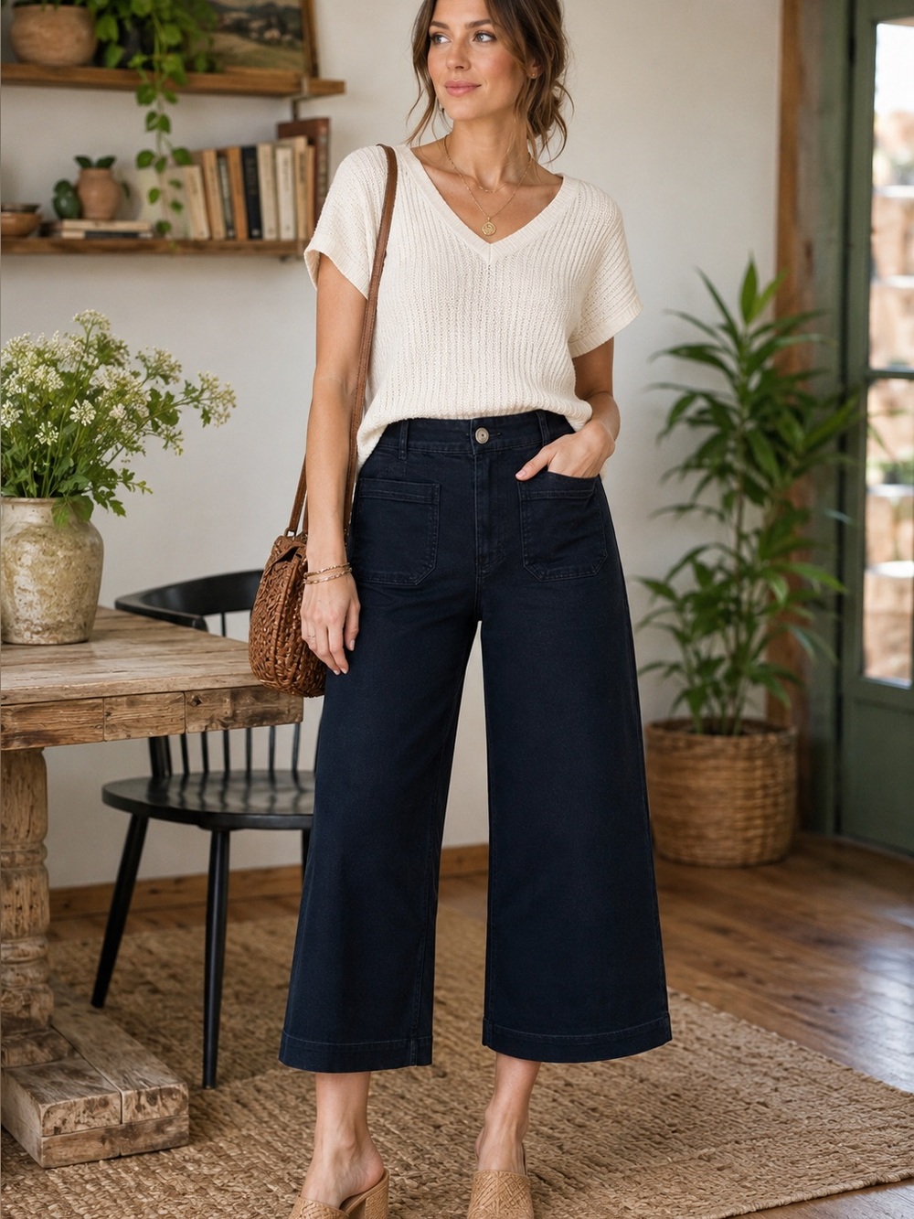 Maeve Anthropologie The Colette Wide Leg Crop Jeans Dark Wash High Rise 27